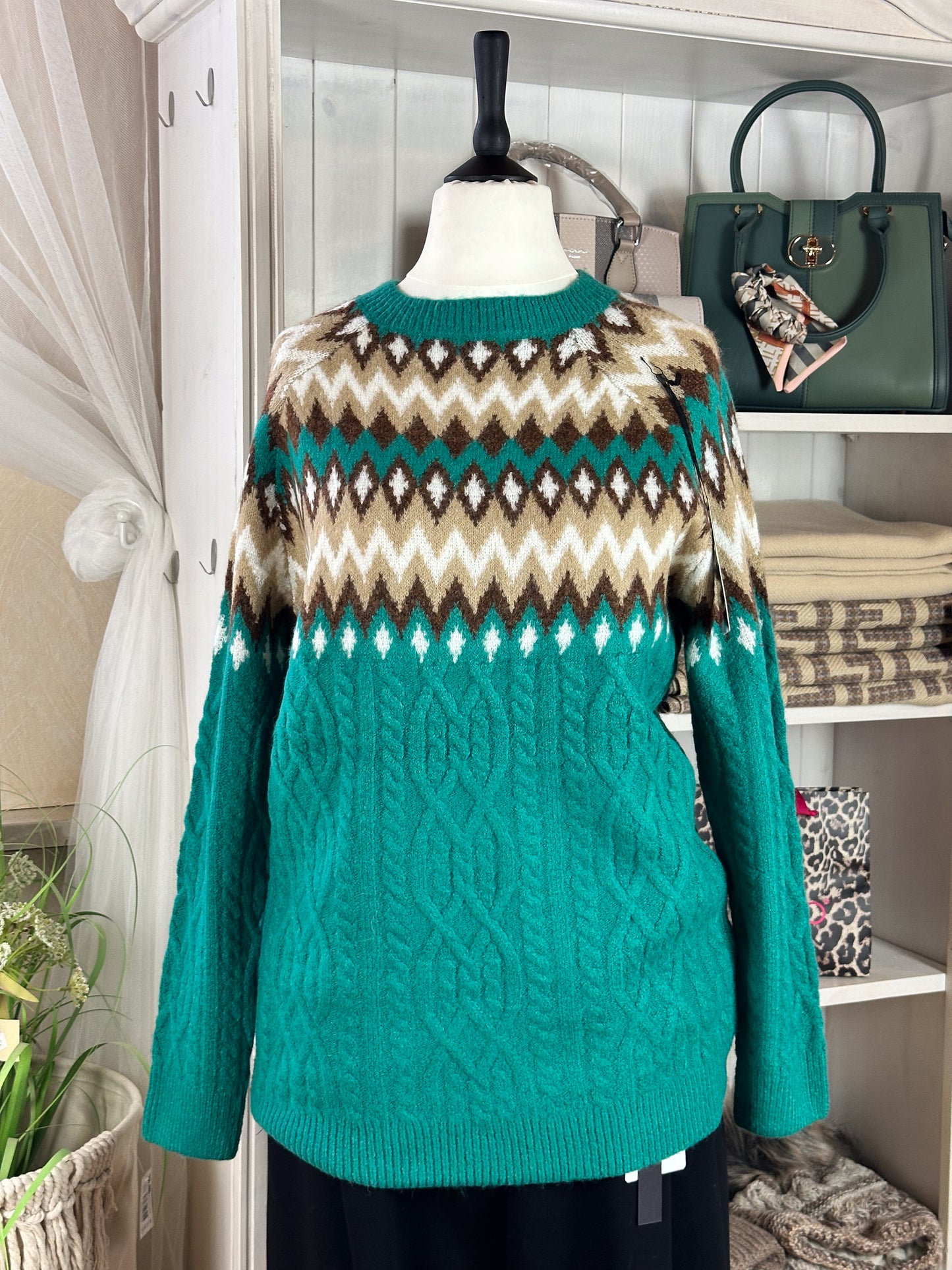 PULLOVER MIT NORWEGER & ZOPFMUSTER TÜRKIS