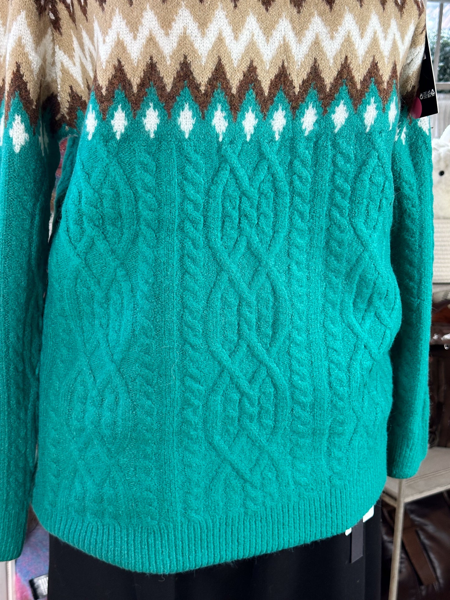 PULLOVER MIT NORWEGER & ZOPFMUSTER TÜRKIS