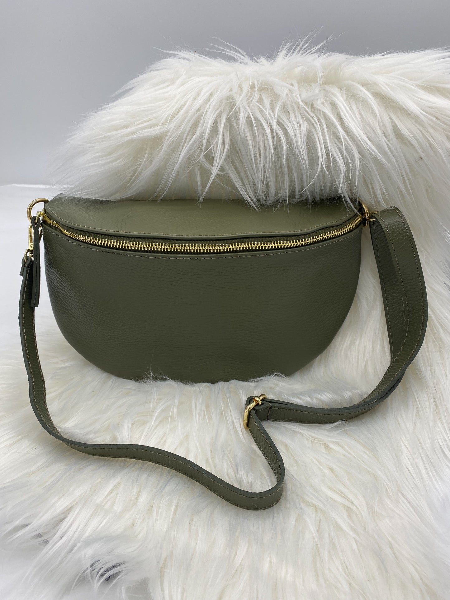 BORSE IN PELLE LARGE LEDER BAUCHTASCHE OLIVGRÜN