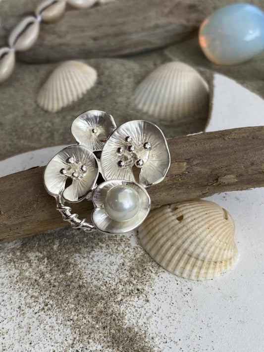 Cocktail - Stretch - Ring Silber Blumen Perle