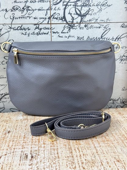 LEDER BAUCHTASCHE MEDIUM PLUS DKL. GRAU