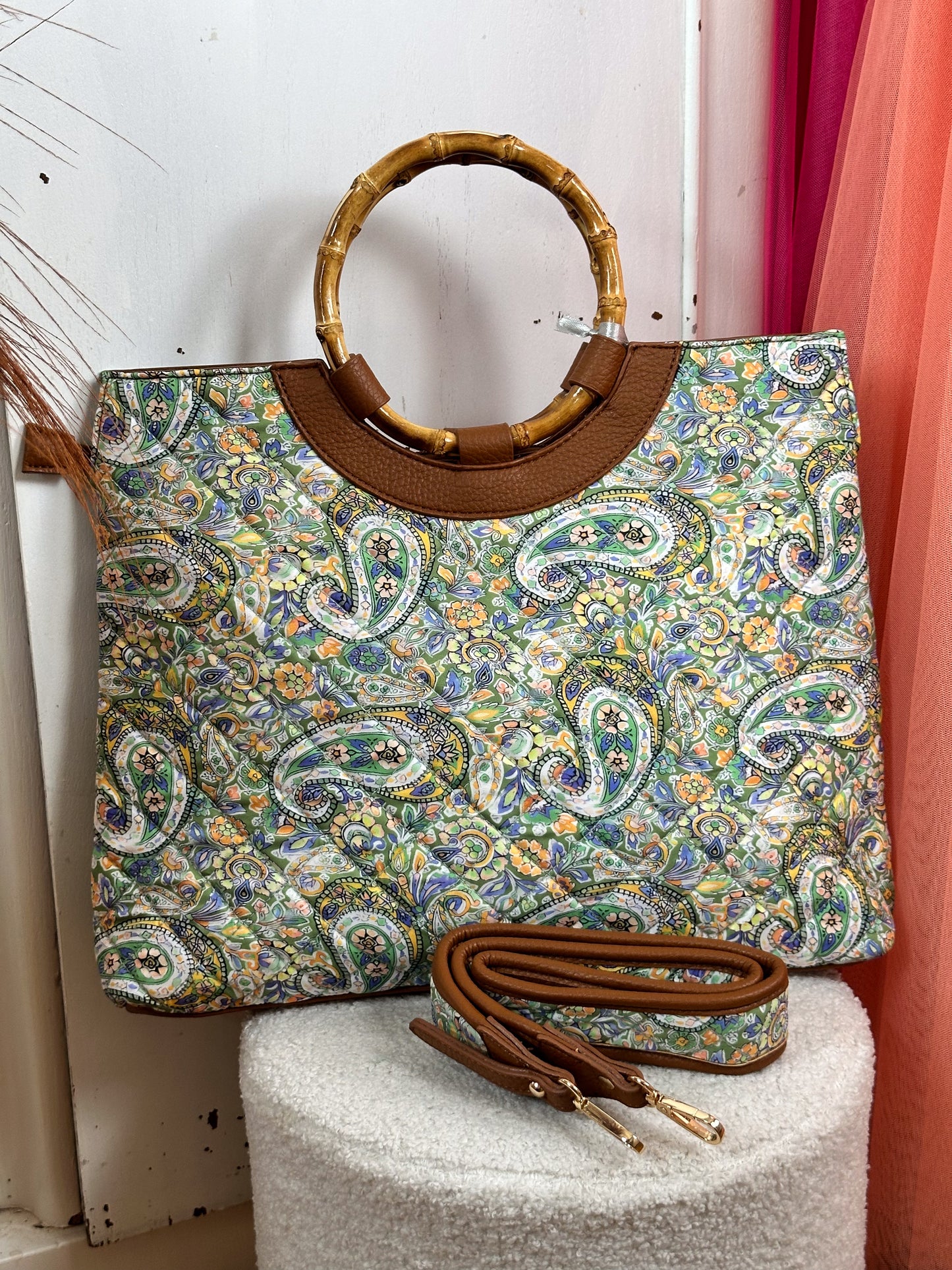 POTRI HANDTASCHE PAISLEY GRÜN GESTEPPT