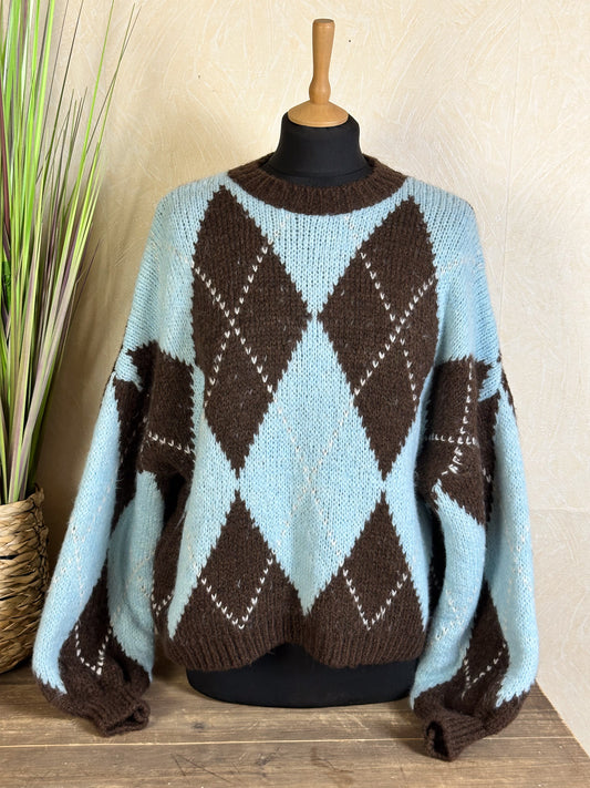 MIONI OVERSIZE PULLOVER RAUTEN MUSTER Blau - Braun