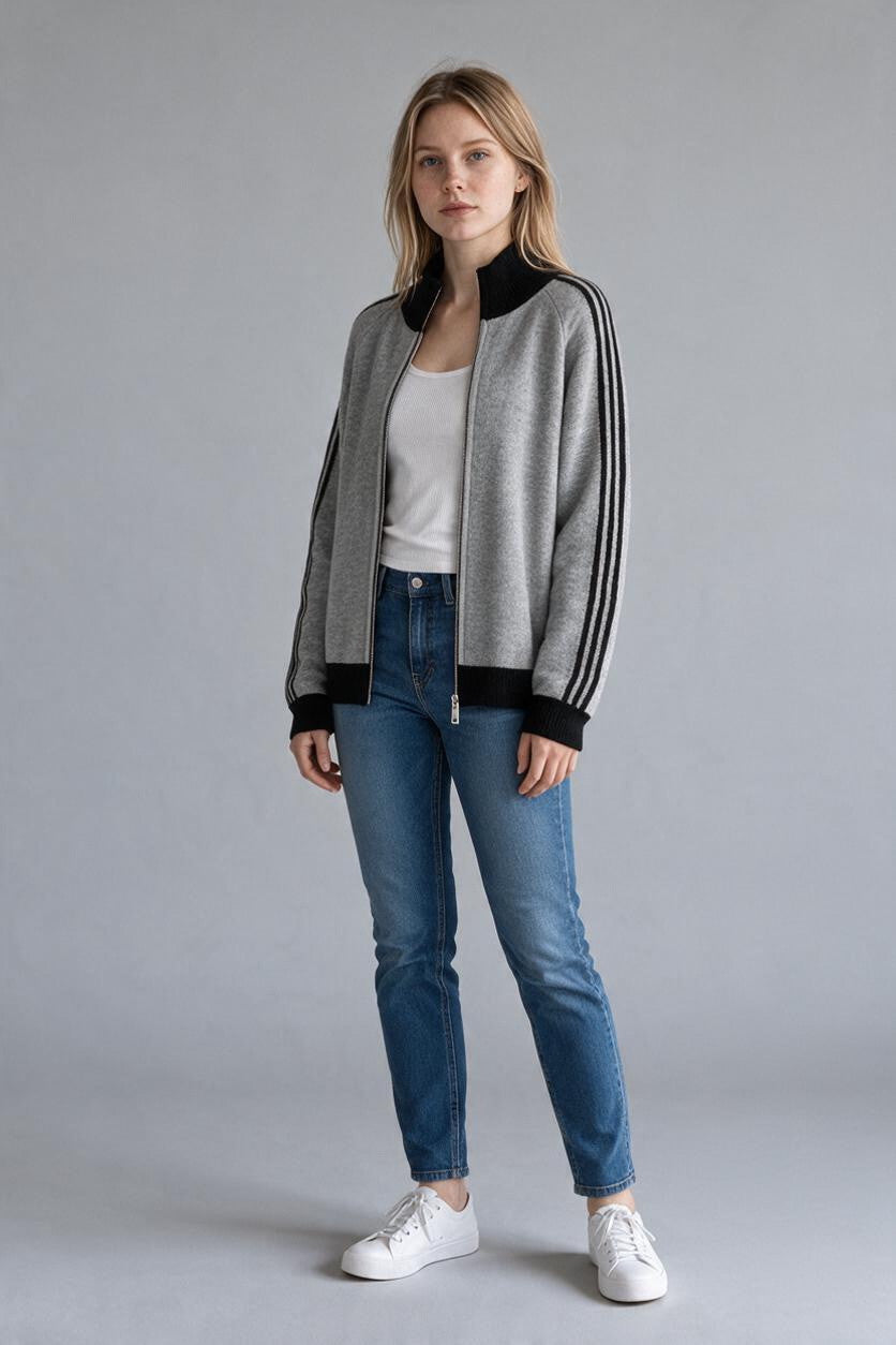 jamalto Strickjacke in Grau mit schwarzem Stehkragen, Reißverschluss und sportlichen Streifendetails an den Ärmeln