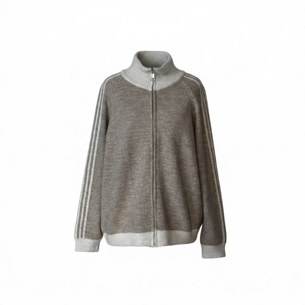 jamalto Strickjacke in Beige mit Stehkragen, Reißverschluss und sportlichen Streifendetails an den Ärmeln