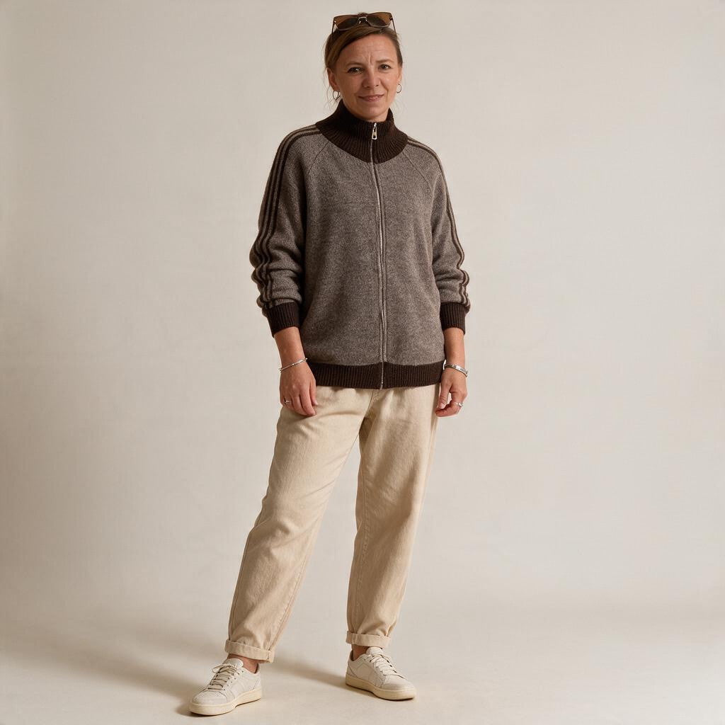 jamalto Strickjacke in Braun mit Stehkragen, Reißverschluss und sportlichen Streifendetails an einer Frau