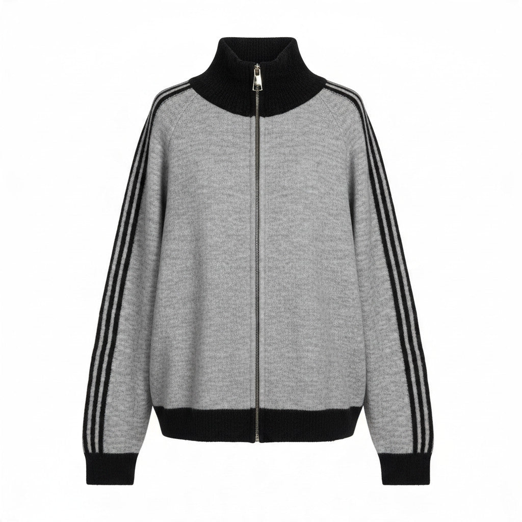 jamalto Strickjacke in Grau mit schwarzem Stehkragen, Reißverschluss und sportlichen Streifendetails an den Ärmeln