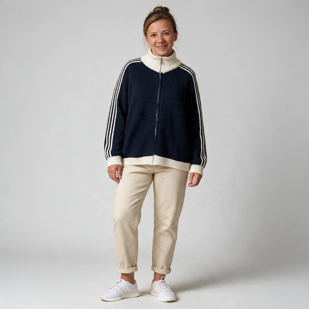 jamalto Strickjacke in Dunkelblau mit Stehkragen, Reißverschluss und weißen Streifendetails an den Ärmeln